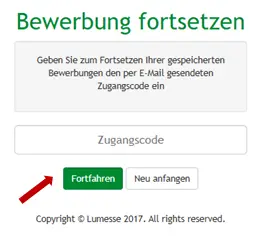 Formular zur Fortsetzung der gespeicherten Bewerbung